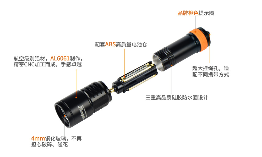 OrcaTorch虎鲸 D580机械开关电筒，休闲潜水灯，潜水手电筒，水下工程照明，潜水装备