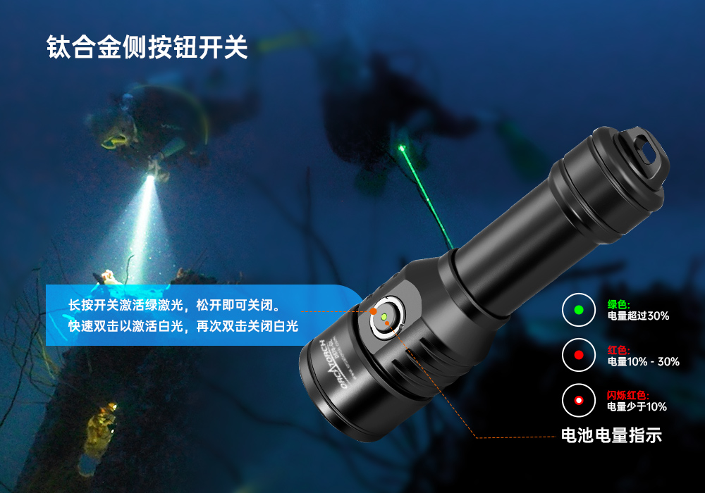 激光潜水手电,绿光潜水手电筒,白光+绿激光潜水手电筒,水下探索手电筒,二合一激光手电筒,虎鲸OrcaTorch
