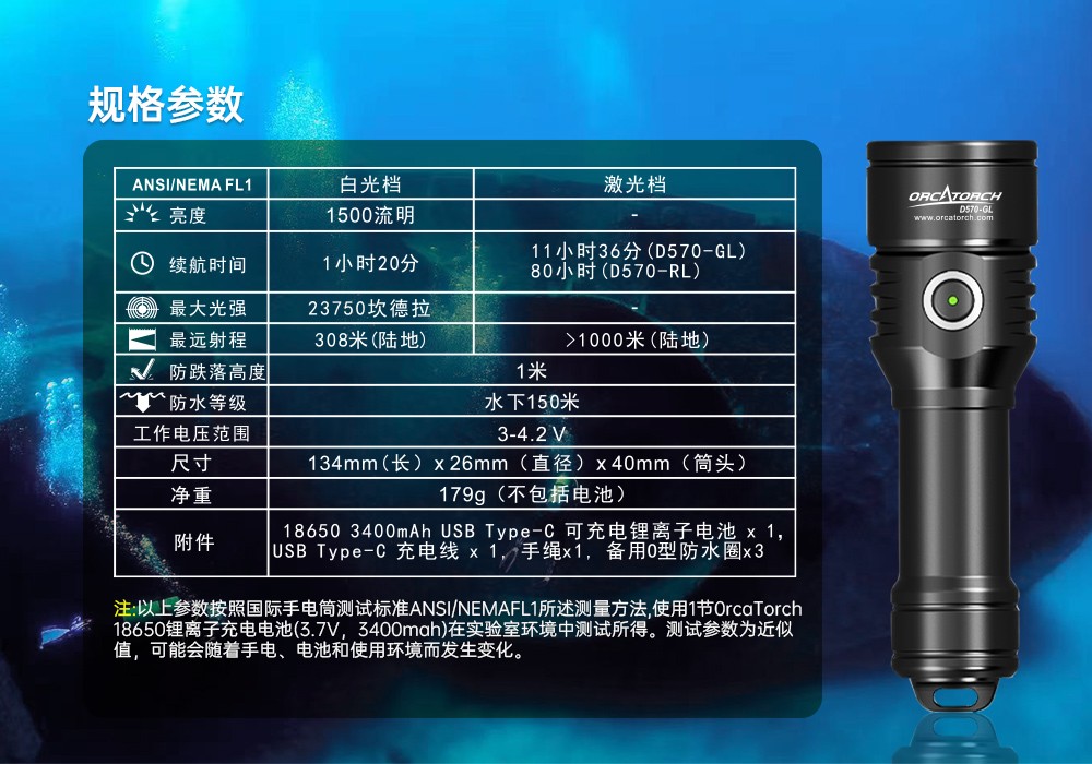 激光潜水手电,绿光潜水手电筒,白光+绿激光潜水手电筒,水下探索手电筒,二合一激光手电筒,虎鲸OrcaTorch