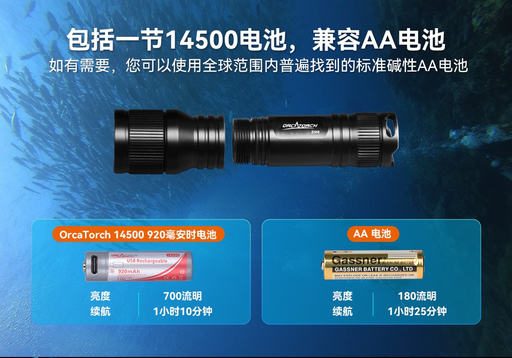D560迷你手电筒，小巧迷你潜水手电筒，潜水手电筒，虎鲸OrcaTorch