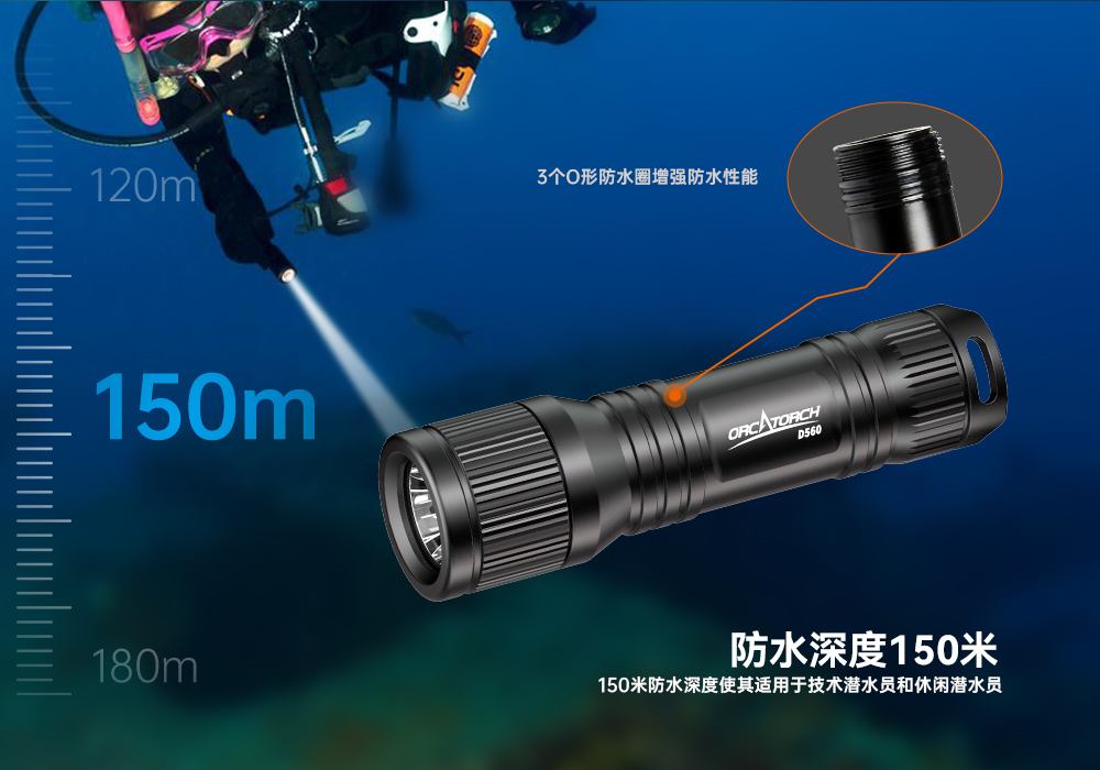 D560迷你手电筒，小巧迷你潜水手电筒，潜水手电筒，虎鲸OrcaTorch
