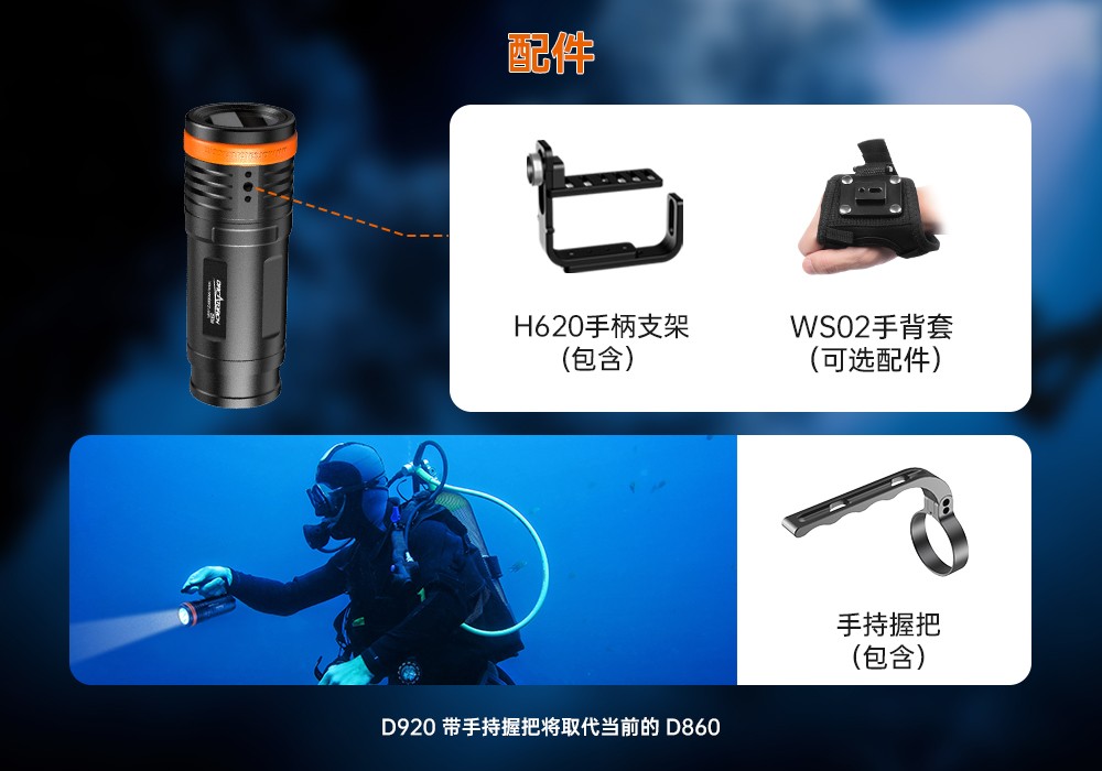 D920潜水无线主灯,水下技术主灯,潜水照明灯,水域救援照明,虎鲸OrcaTorch
