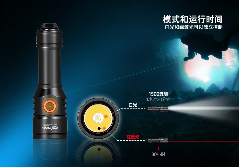 D570-RL激光潜水手电_红光潜水手电筒_白光+红激光潜水手电筒_水下探索手电筒 虎鲸OrcaTorch