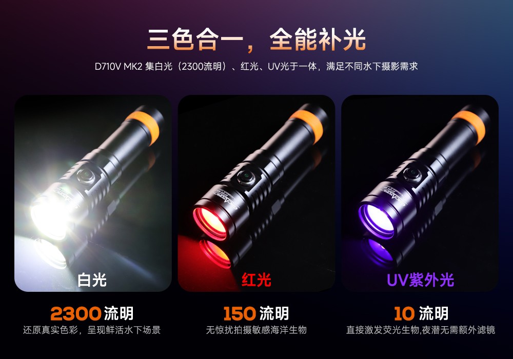 潜水摄影补光灯,水下摄影灯,水下摄影照明,水下摄影三色灯,专业潜水灯,虎鲸OrcaTorch,摄影补光灯