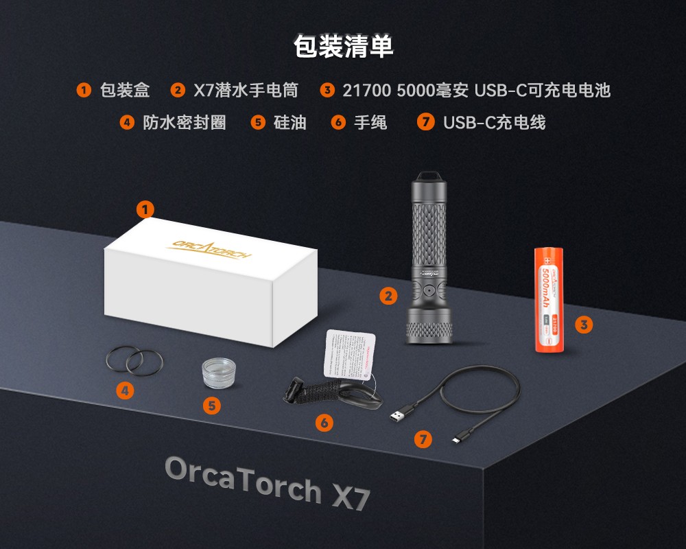 虎鲸OrcaTorch，虎鲸 X7潜水手电筒，2025新款潜水手电筒，水下照明灯，水下搜索灯，沉船照明灯，潜水灯