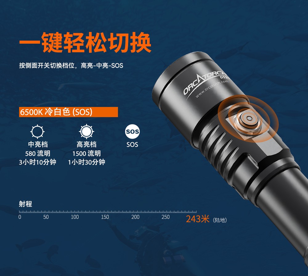 D530聚光潜水手电筒,休闲潜水照明,休闲潜水手电筒,休闲潜水补光灯, 虎鲸OrcaTorch
