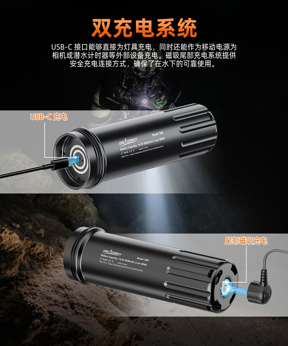 虎鲸OrcaTorch 灵潜系列专业潜水主灯 双光束聚泛光一体 模块化多配置机身 可换电池深水潜水手电