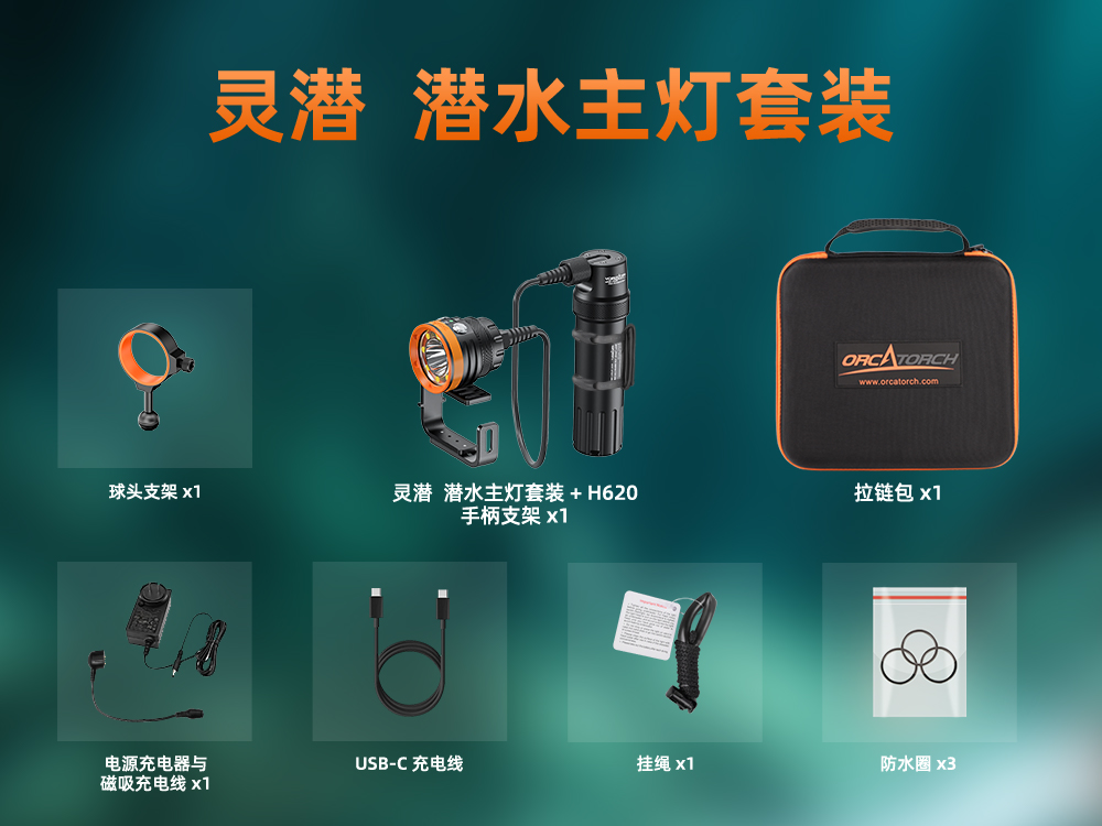 虎鲸OrcaTorch 灵潜系列专业潜水主灯 双光束聚泛光一体 模块化多配置机身 可换电池深水潜水手电