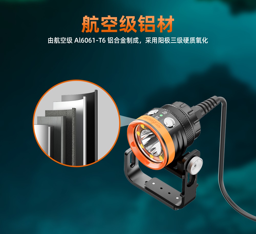 虎鲸OrcaTorch 灵潜系列专业潜水主灯 双光束聚泛光一体 模块化多配置机身 可换电池深水潜水手电