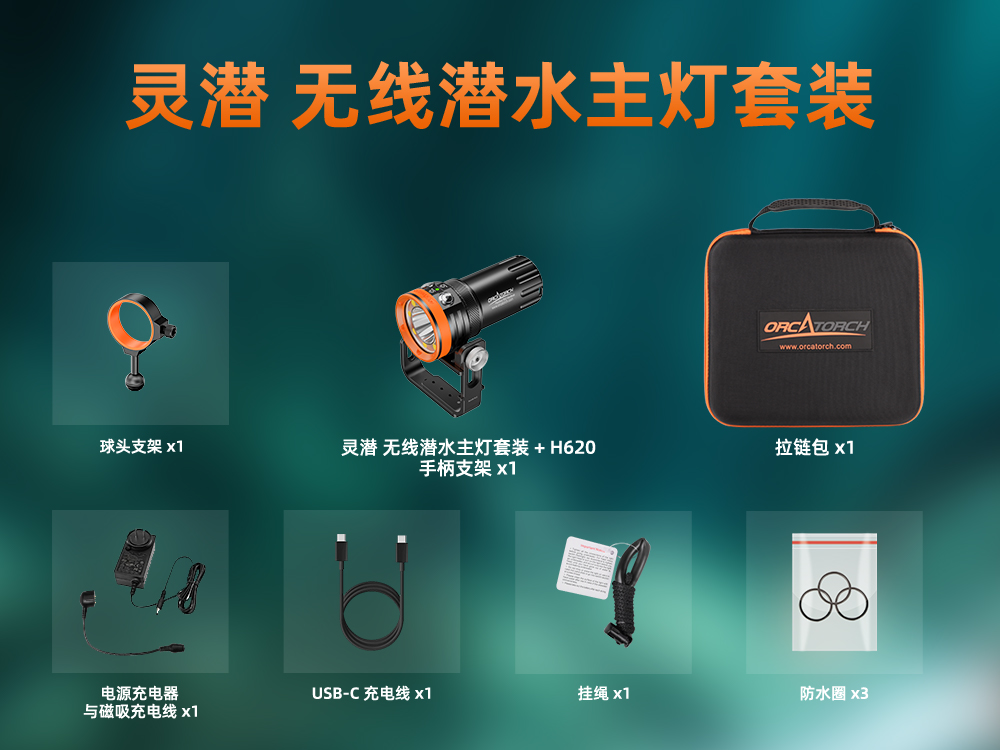 虎鲸OrcaTorch 灵潜系列专业潜水主灯 双光束聚泛光一体 模块化多配置机身 可换电池深水潜水手电